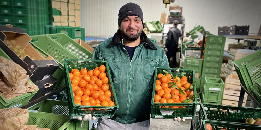 KI generiert: Ein Mann in einer grünen Jacke hält zwei grüne Kisten mit Orangen in einem Lagerraum. Im Hintergrund sind weitere Kisten und Personen bei der Arbeit zu sehen.